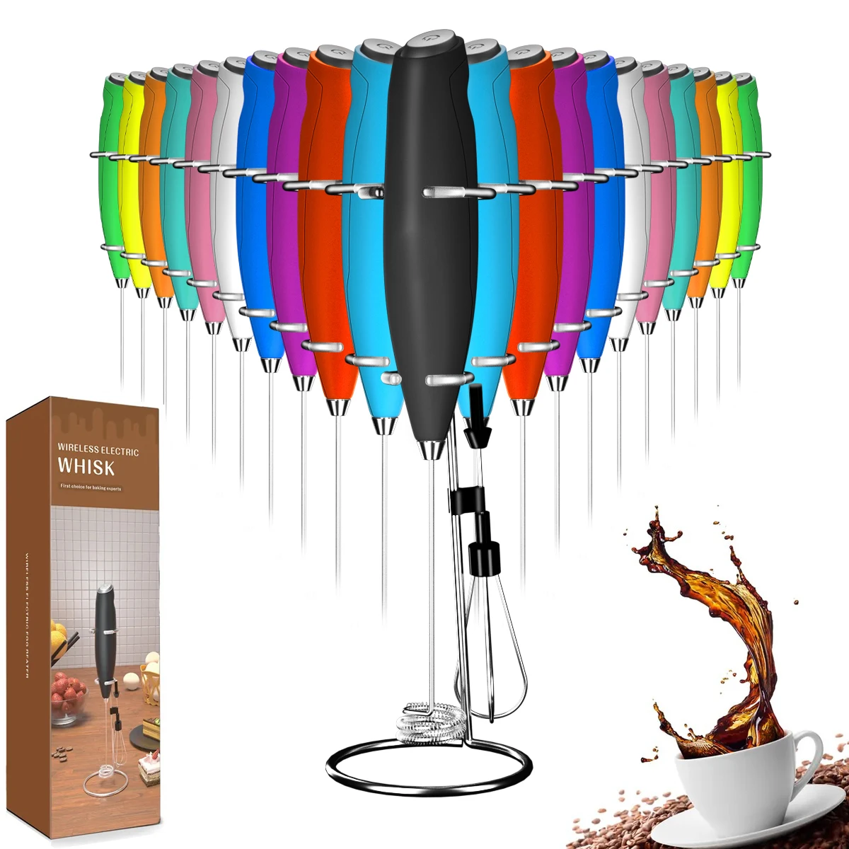 Factory Direct Sale Milk Frother Handheld Battery Operated Electric Foam Maker, Drink Mixer with Stainless Steel Whisk and Stand