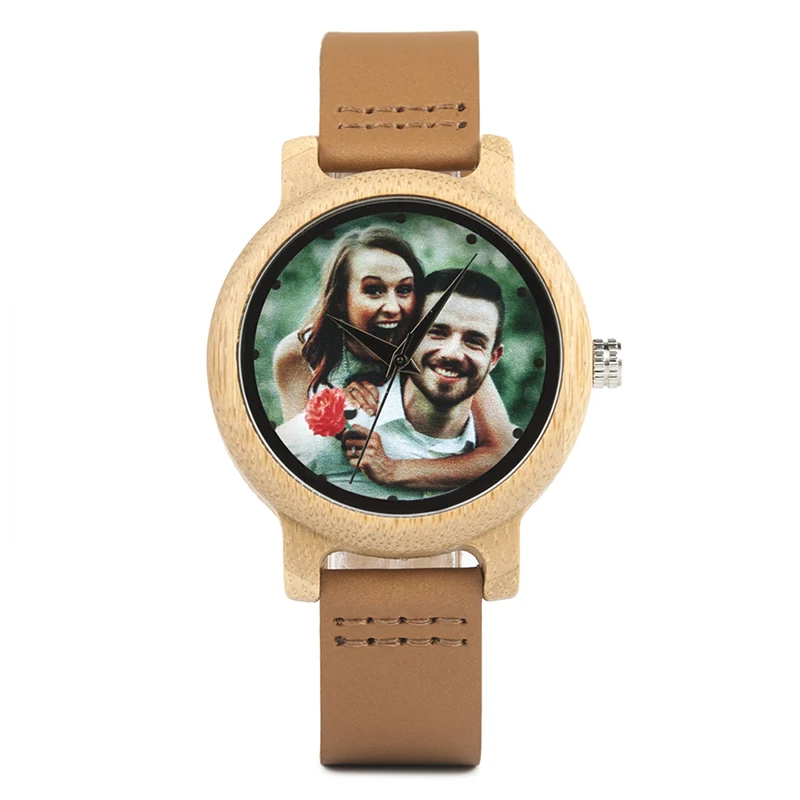 Customize photo printing couple lover bamboo wood watches with leather strap men women for valentine day gifts