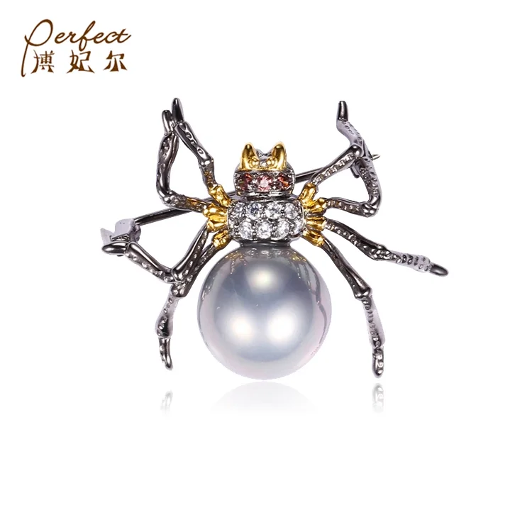 Special Faberge Spider Design 925 Silver Animal Brooch with Shell Pearl