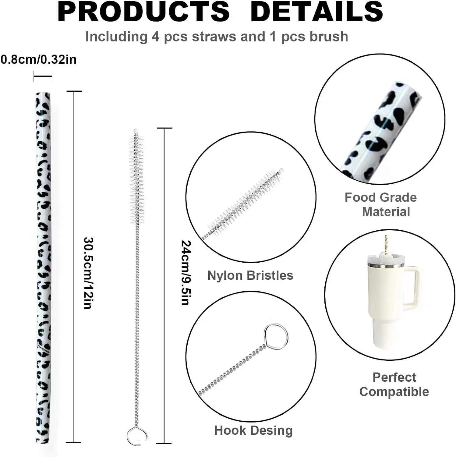 Food grade silicone straws individually packaged 4pcs/pack drinking straws leopard print cactus print reusable straws