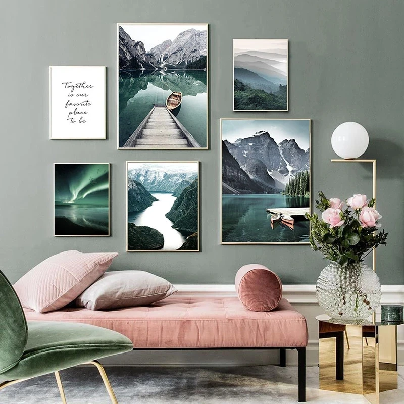 Scandinavian Travel Landscape Canvas Painting Mountain Boat Grass Nordic Poster Print Wall Art Picture Modern Living Room Decor