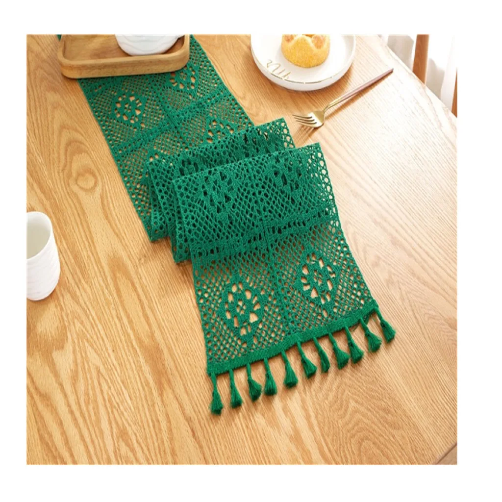 
T004 Crochet Hollow Lace Tassels Beige Wedding Decor Table Runner, Nordic Romance Table Cover Coffee Table Runner 