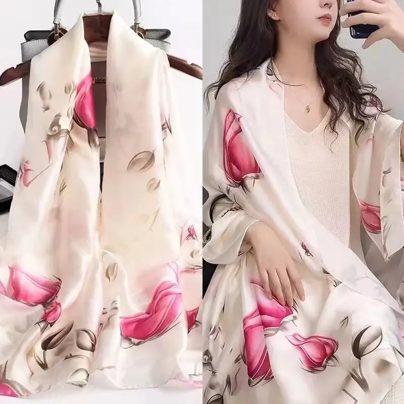 Silk Satin Neck Scarf For Women Print Hijab Scarfs Female Square Shawls and Wraps Scarves For Lady