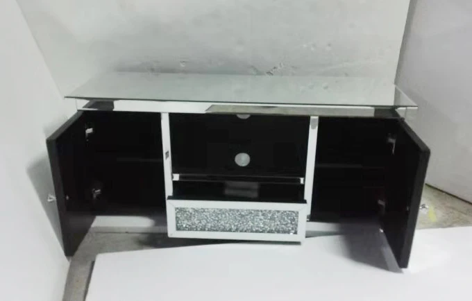Sparkly Mirrored TV Stand  2 Door 1 Drawer Crushed Diamonds Long Bench For Living Room