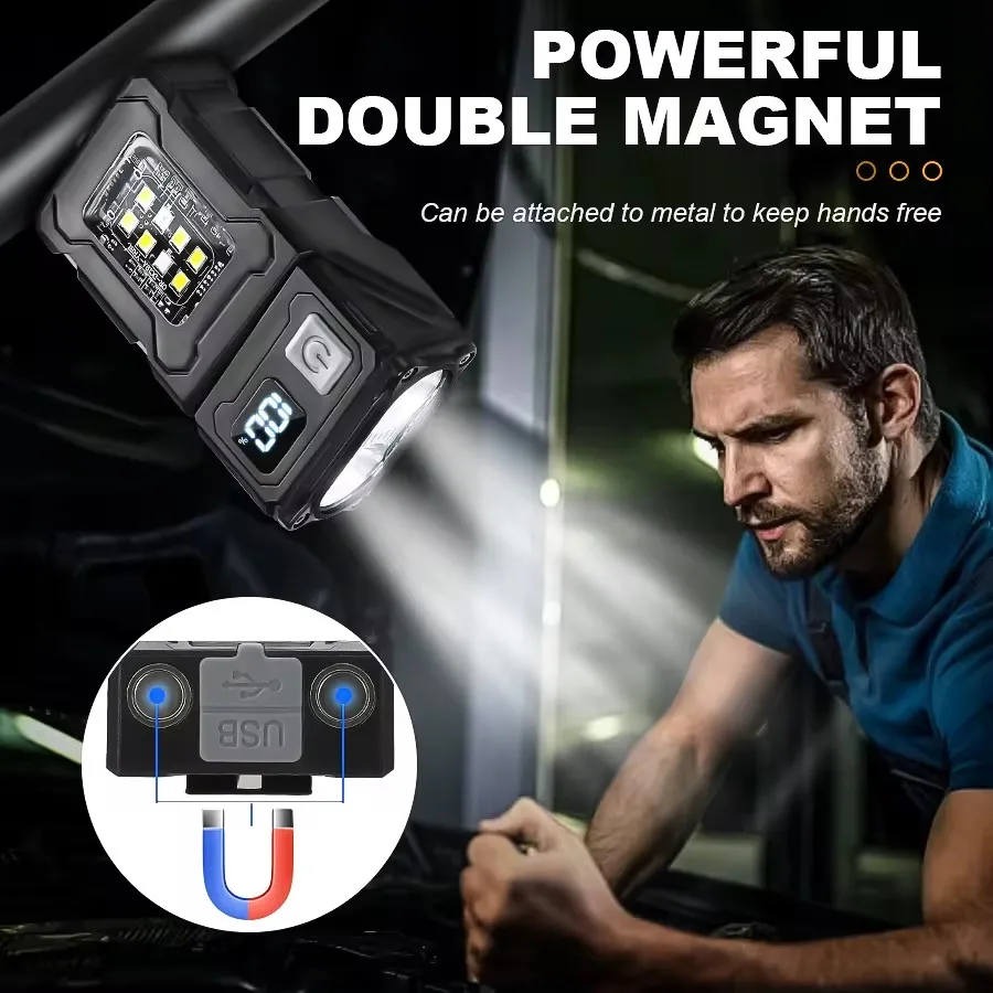 Multifunctional Mini Led Keychain Light power display Portable Rechargeable Flashlight With Tail Magnet Work Light Camping Lamp