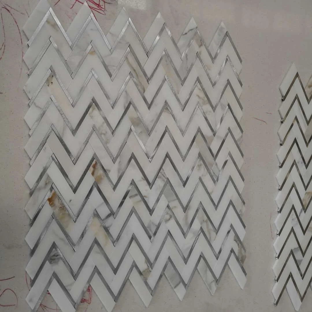 Dth stone Calacatta marble mix gold aluminium alloy chevron parquet mosaic tiles
