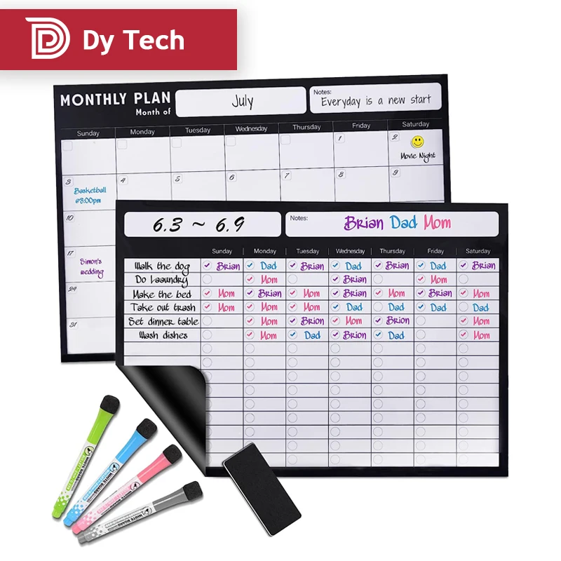 Magnetic black dry erase board for fridge with monthly calendar weekly planner magnetic white board school home kitchen