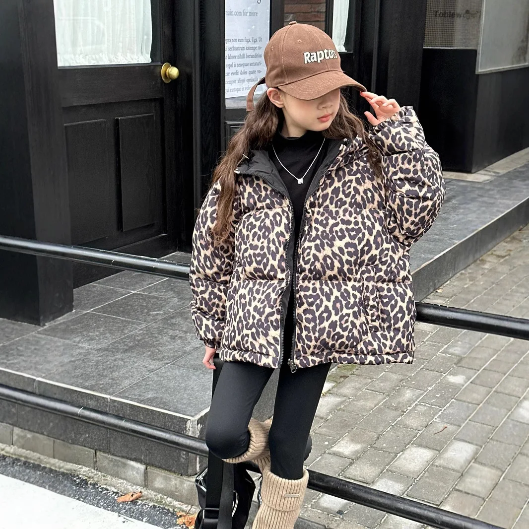 2024 New Teenagers Girls Winter Children Girl Leopard Thicken Outdoor Wear Coat