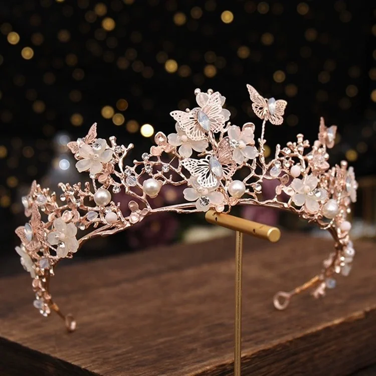 Wholesale custom fashion crowns for bouquets Hot sale metal crowns of pearl alloy butterfly and flower crown headband