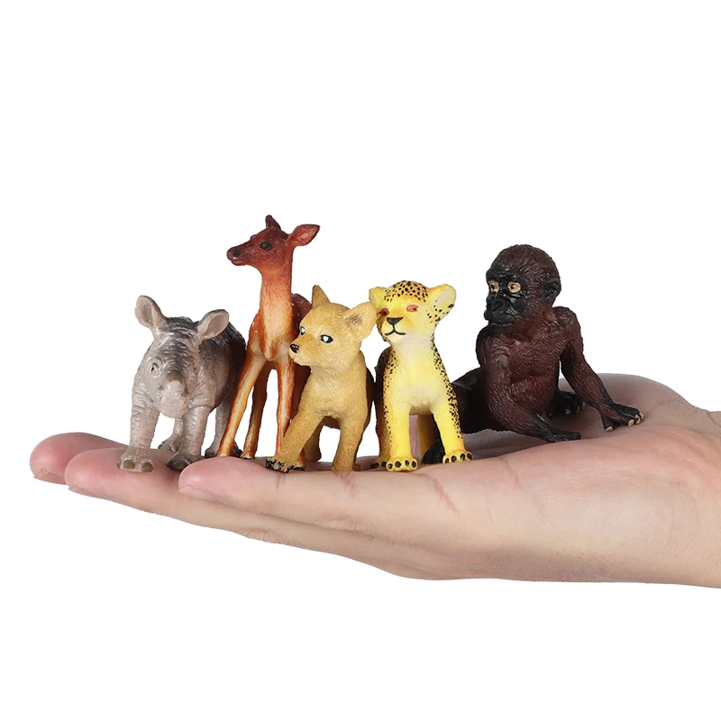 Oenux Wholesale Lovely Cartoon Wild Animals Deer Hippo Lion Wolf Model Action Figures Safety TPR Cake Toppers Kids Gift Toy