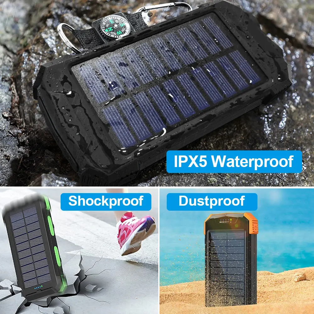 IPX5 Waterproof Qi wireless solar power bank 20000mah 5V 2.1A Dual usb 10000mah portable solar charger With Led Torch Light