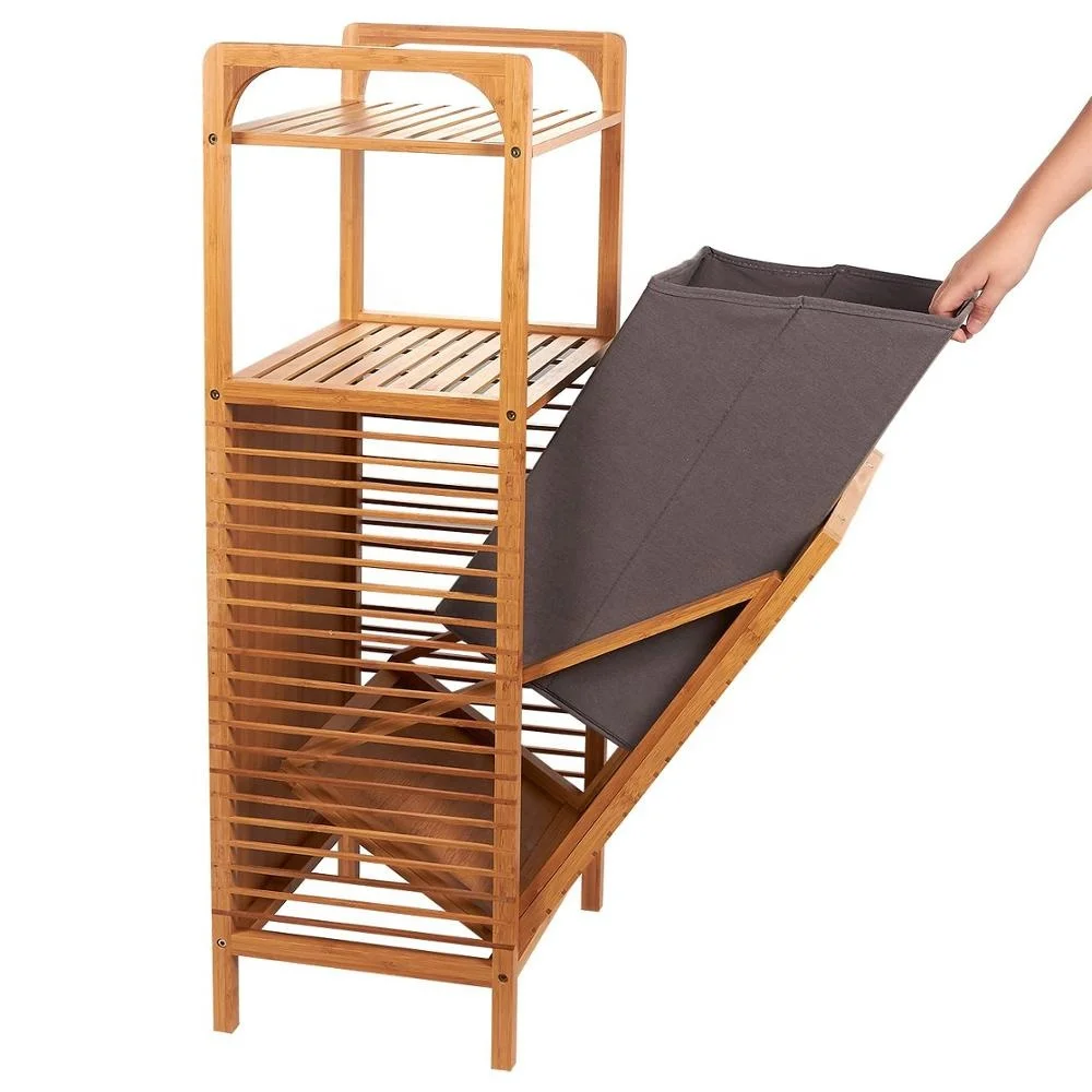 Bamboo Shelf with Tilt-Out Hamper Basket Clothes Hampers for Laundry Perfect for Bathrooms and Spas, Brown 15.8 x 37.5 x 11.8 In
