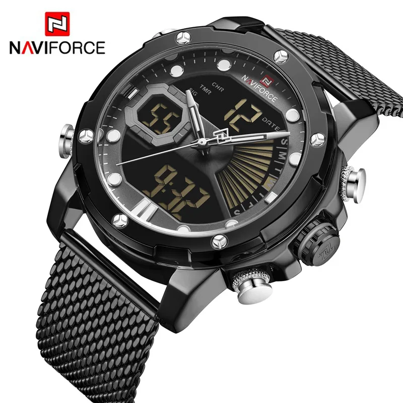Мужские спортивные часы NAVIFORCE 9172 роскошные золотистые кварцевые Стальные водонепроницаемые цифровые наручные мужские