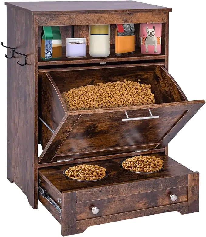 Modern Pet Feeder Station: Elevated Dog Food Storage Cabinet with Raised Bowls and Pull-Out Design