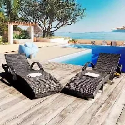 High quality Hotel Wicker Dark Brown Sunbed Patio Sun Lounger Swimming Pool Daybed Chaise Lounge Beach Rattan Reclining Chair