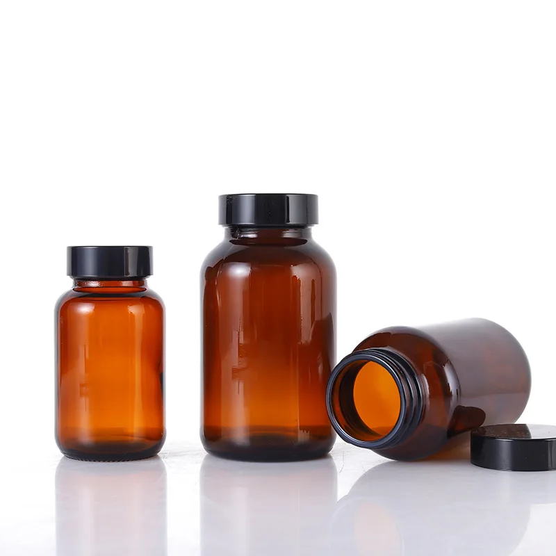 Оптовая продажа Янтарная стеклянная Капсульная бутылка для хранения пищевых продуктов с широким горлышком идеально подходит медицинского обслуживания и использования дополнений