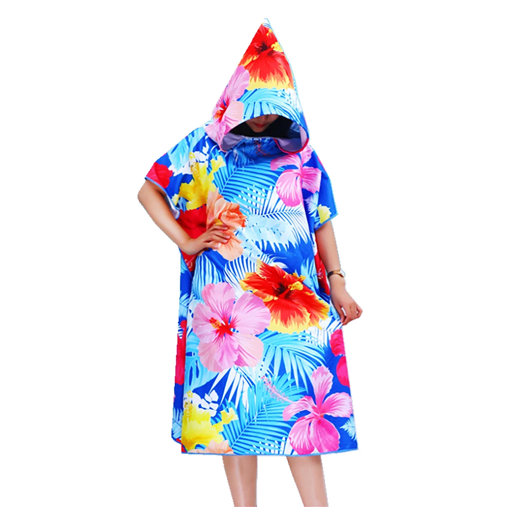 Custom Microfiber printed adults hooded towel surf poncho changing robe swimming pool change beach surf poncho towel
