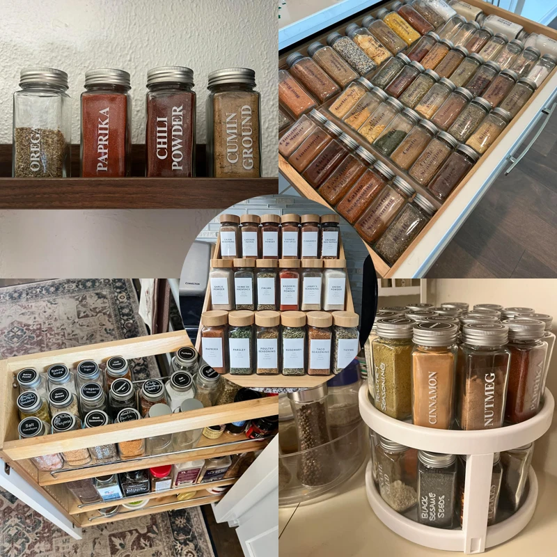 4 oz Bamboo Wood Lid Empty Square Spice Seasoning Bottles Containers Jars for Spices Glass Spice Jars Set with Label Shaker Lids