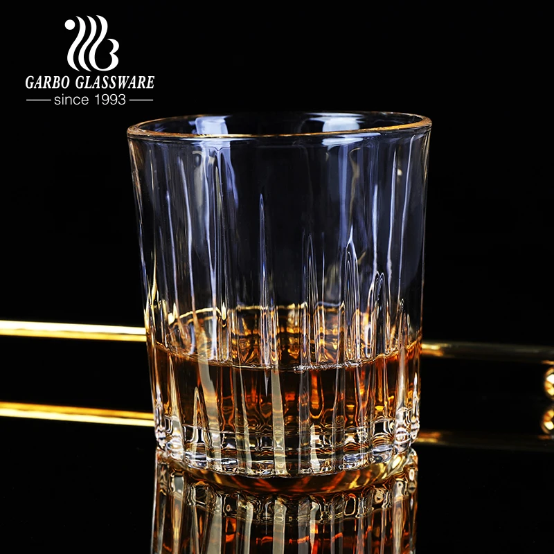 Available Langxu Brand glassware factory in stock whisky glass cups 10oz 11oz 300ml transparent embossed short drink glass
