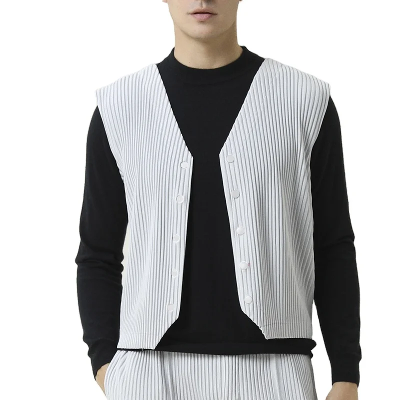 FXZ Wholesale custom high quality single breasted 100% polyester miyake pleated men waistcoat fashion pleated man vest