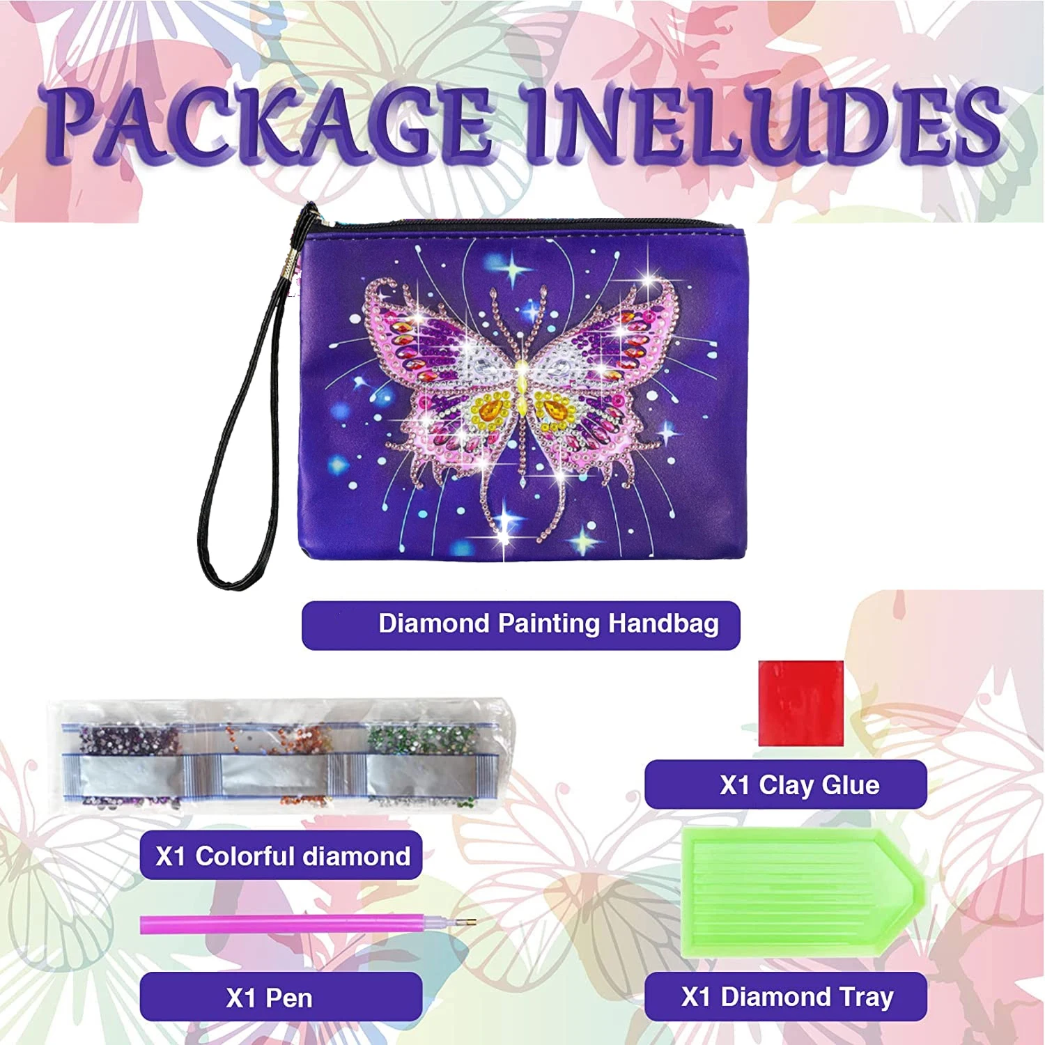 purple butterfly girls hobby diy gift   crystal beads painted storage bag