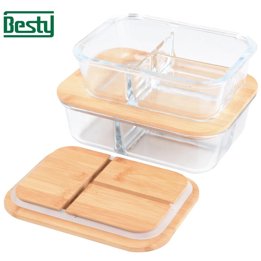 Rectangular Kitchenware Heat Resistant Glass Bowl for Microwave Oven High Borosilicate Food Storage Container with Bamboo Lid