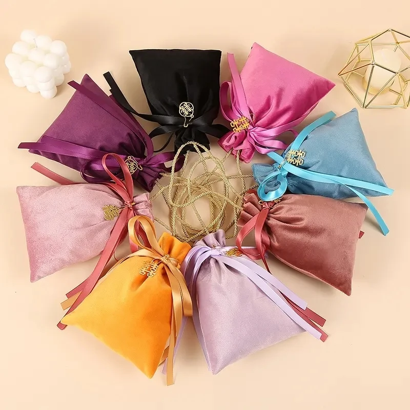 Personalized Velvet Travel Cosmetic Pouch Jewelry Craft Packing Bag Mixed Ribbon Drawstring Handle Perfume Storage Gift Giving