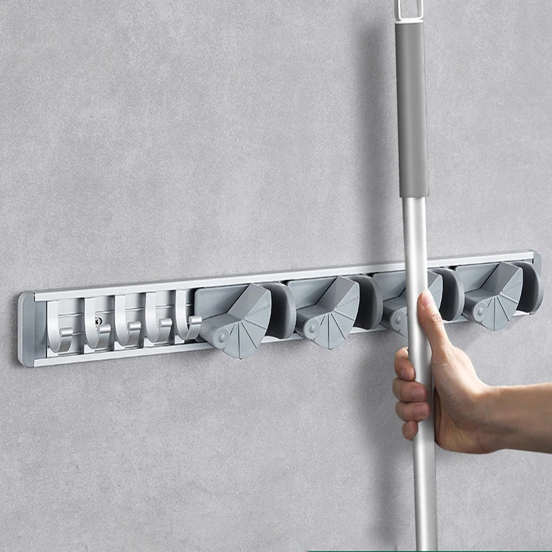 Drop Shipping Multifunctional Rotatable Broom Holder No Punch Bathroom Mop Clip Wall-mounted Aluminium Alloy Mop Holder