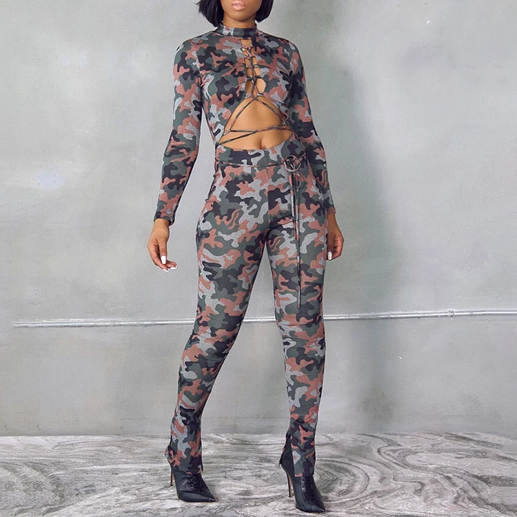 
Ladies Autumn 2piece Sets New Product Ideas 2021 Stand Collar Camouflage Two Piece Sets Winter Apparel -YY 