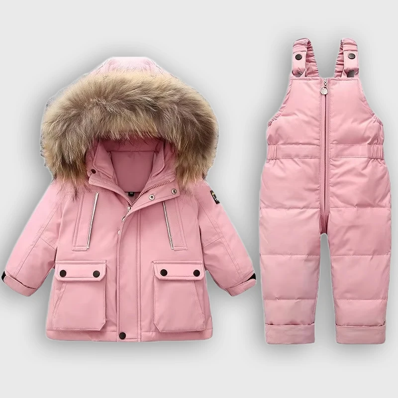 Hooded Jacket +bib Pants 2 Pieces Infant and Toddler Baby Boys/girls Snowsuit Winter Baby Clothing Set Wholesale Duck Down Coats
