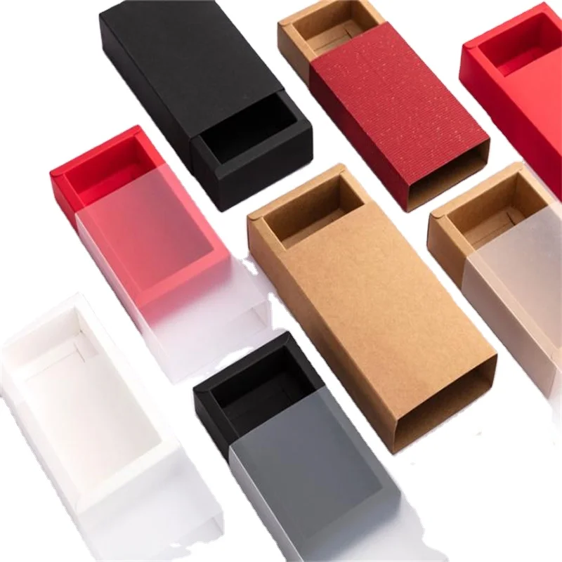 Small Eco-Friendly Kraft Foldable Gift Paper Box Clear PVC Window Cardboard PET Sleek Slide Drawer Packaging Presentations