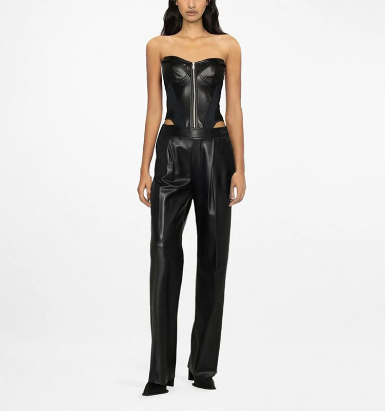 Bold Black Faux Leather Corset Bodysuit with Zipper Front and Sheer Panels Perfect for Edgy Party Looks