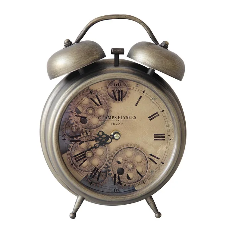 
hot selling round green bronze gear clock decorative table alarm clock 