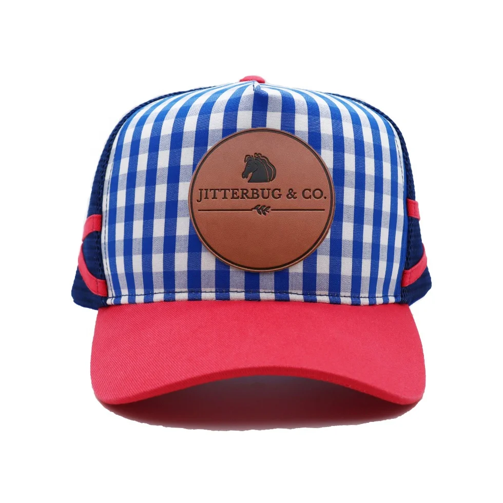 Popular various styles Custom made 5 Panel High Profile Trucker Hat With Leather Patch Logo Double Stripes trucker hats Caps