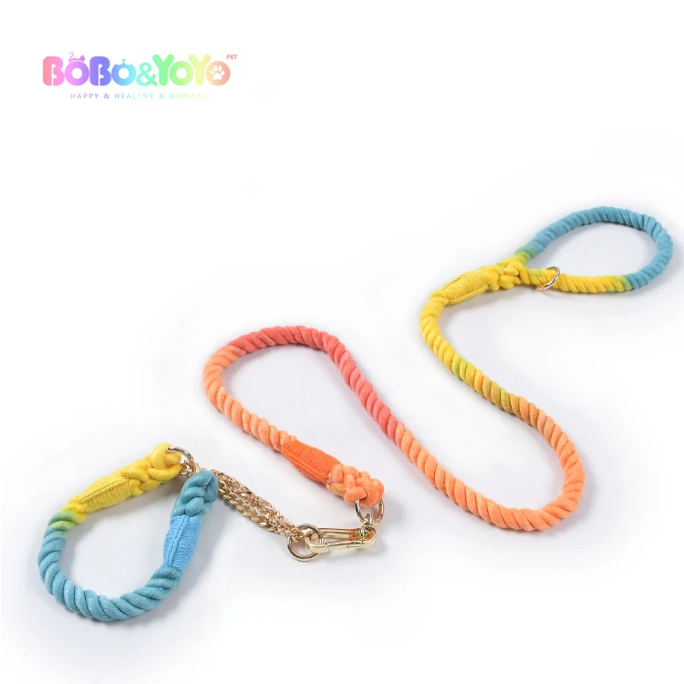 2024 New Design Custom Logo Training Walking Hands Free Comfortable Soft Cotton Rope Pet Dog Cat Leash Lead Collar Set