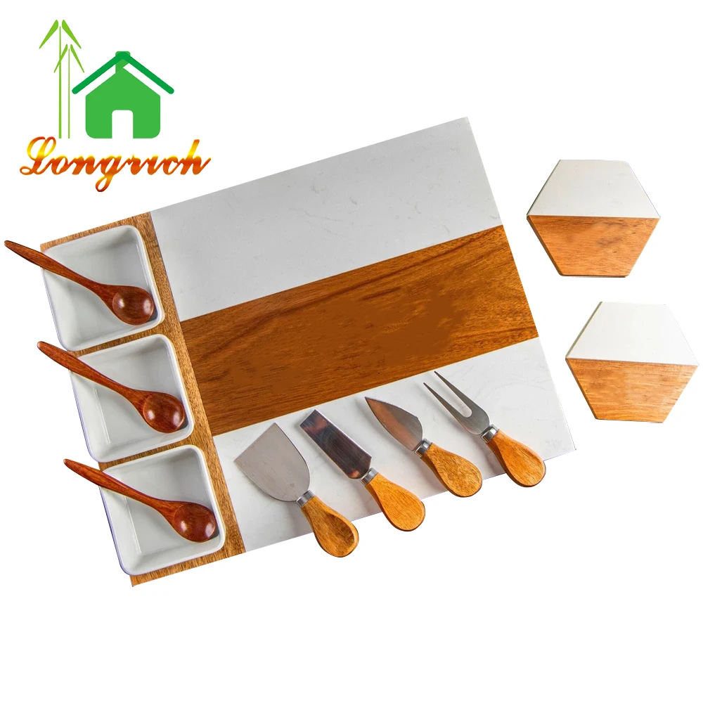 Custom Wooden And Marble Cheese Board Acacia Charcuterie Board With Cheese Knife Spork Set And Ceramic Bowl