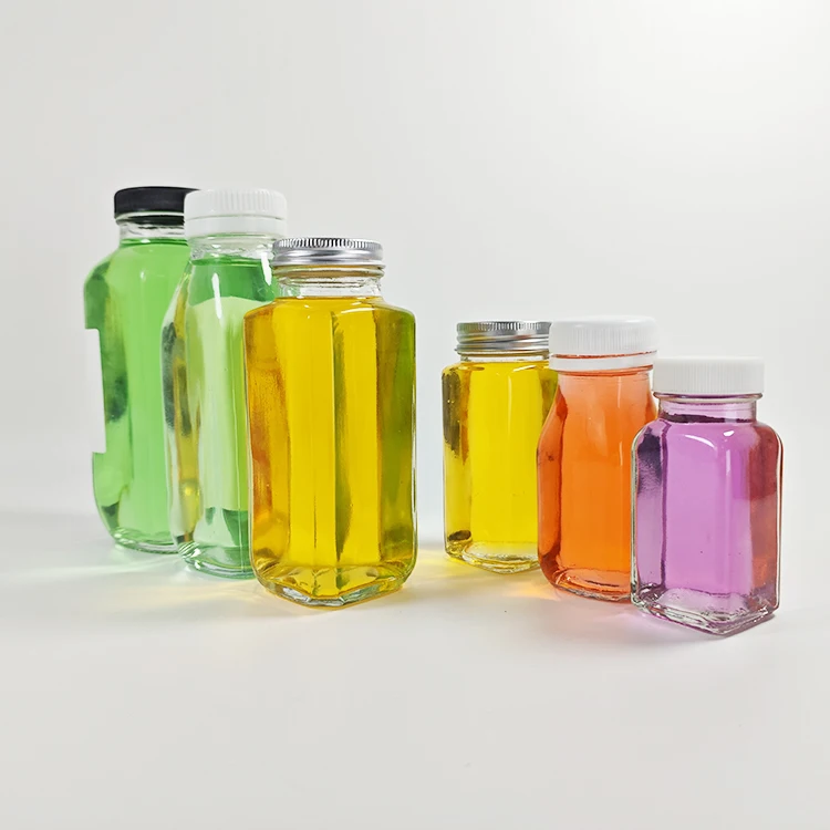 3oz 4oz 8oz 10oz 12oz 16oz Clear French Beverage Square Glass Bottle Cold Press Fruit Juice Bottles With Airtight Screw Cap