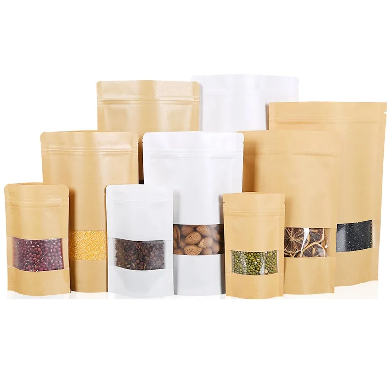 In Stock 9*14cm Waterproof Zipper Sealed Resealable Zip Lock Food Grade Ziplock Stand Up Pouch Brown Kraft Paper Bag With Window