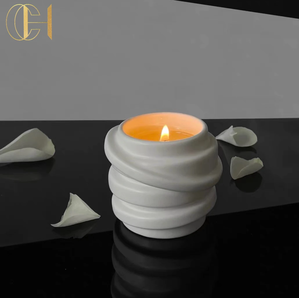 C&H luxury white ivory color candle with soybean wax cotton wick ceramic cement candle with fragrance