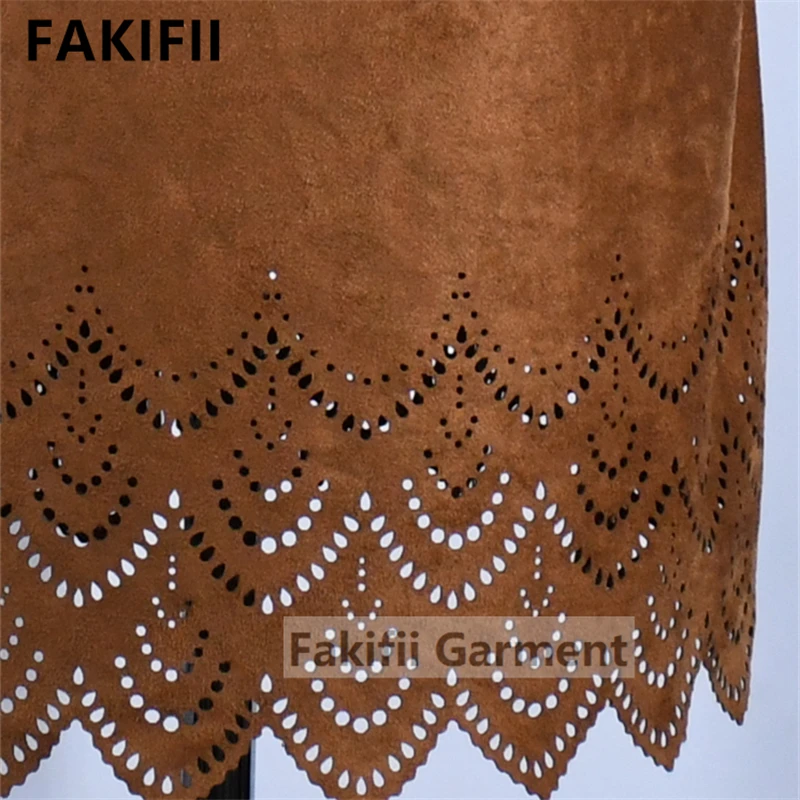 Ladies Dresses 2022 Summer Women Elegant Brown Suede Dress Sleeveless Hollow Out O Neck Dresses Women lady elegant