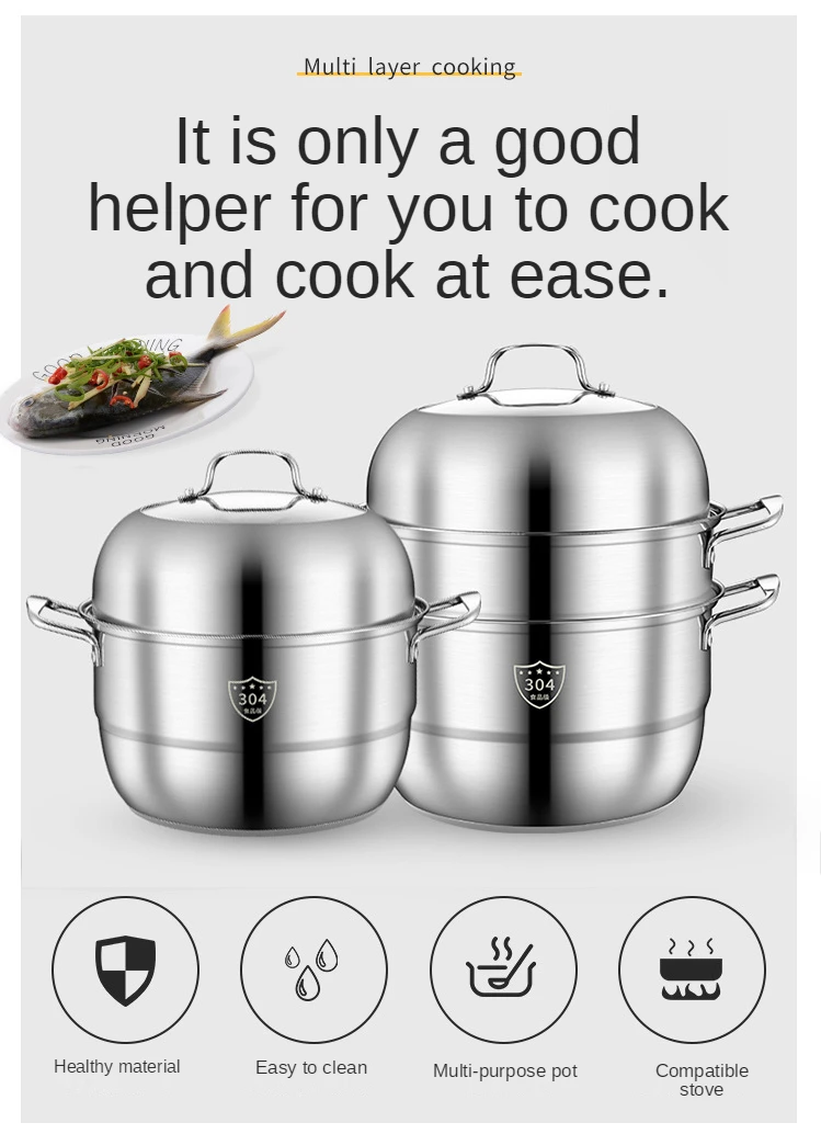 Three-layer Thick Steamer 304 Stainless Steel Double-layer Steamer Large Household For Soup & Stock Pots