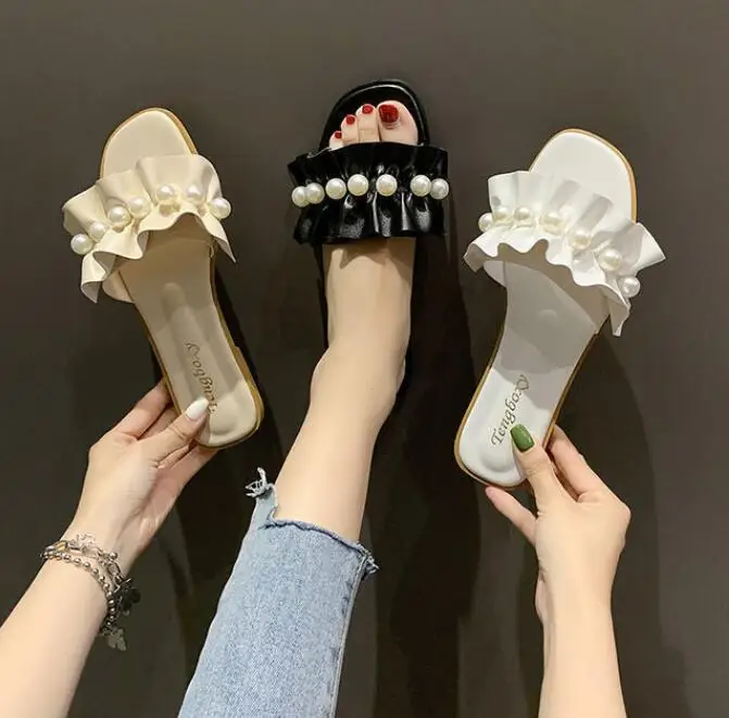 Fairy style pearl lace slippers women wear new summer beach single-line plus size slippers with skirt