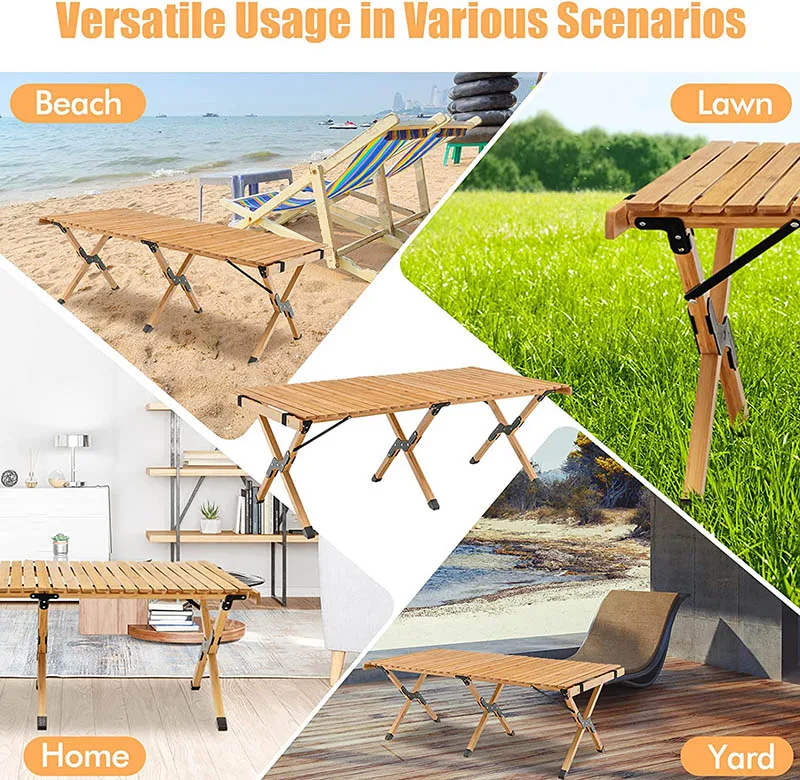 Bamboo Folding Picnic Table,  Wooden Roll-up Portable Camping Table for Patio Garden Beach Yard