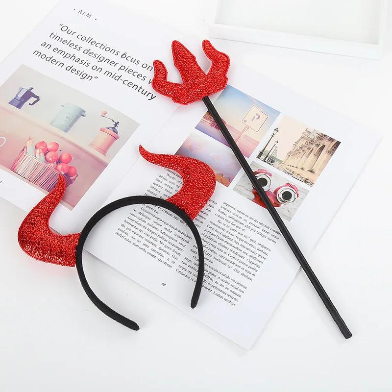 2407 Ganglian Halloween Decoration Headband Props Red Small Three Forks Horned Devil Set Dance Hair Accessories Supplie