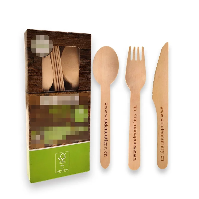 Disposable Wood Cutlery Sets in Convenient Box 100% Natural Sustainable Compostable Flatware Sets Food Grade Birch Wood