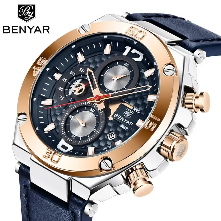 2022 Benyar 5151 3atm Water Resistant Multifunction Chronograph Black Leather Strap Quartz Wrist Watches For Men