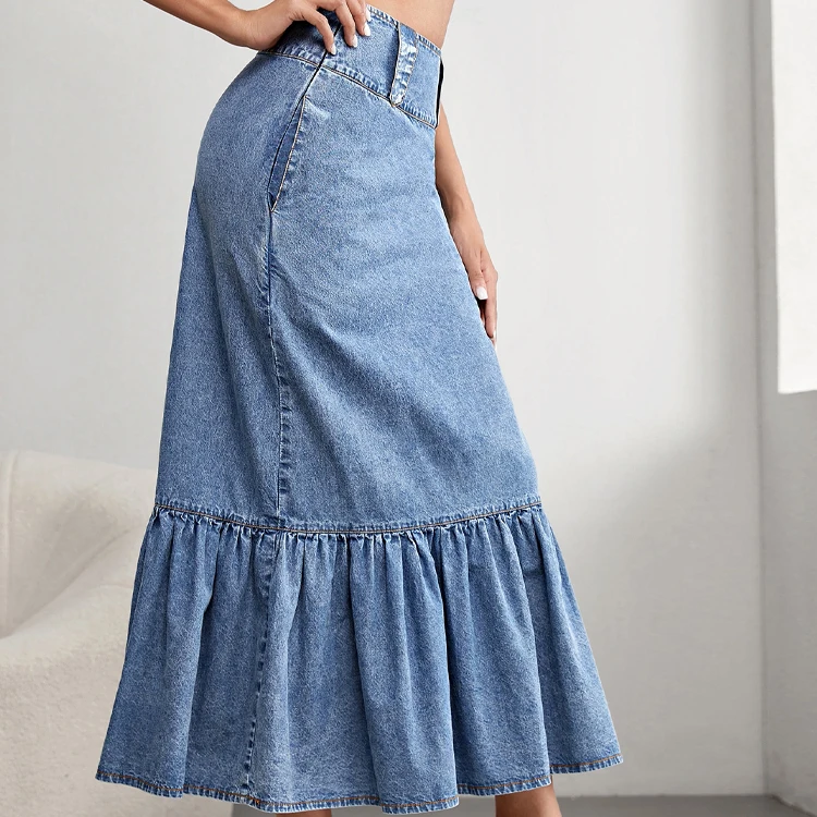 High Waist Mermaid Hem Denim Skirt Cute Casual Print Maxi Length Pockets Button Decor Summer Autumn Washed Pencil Straight