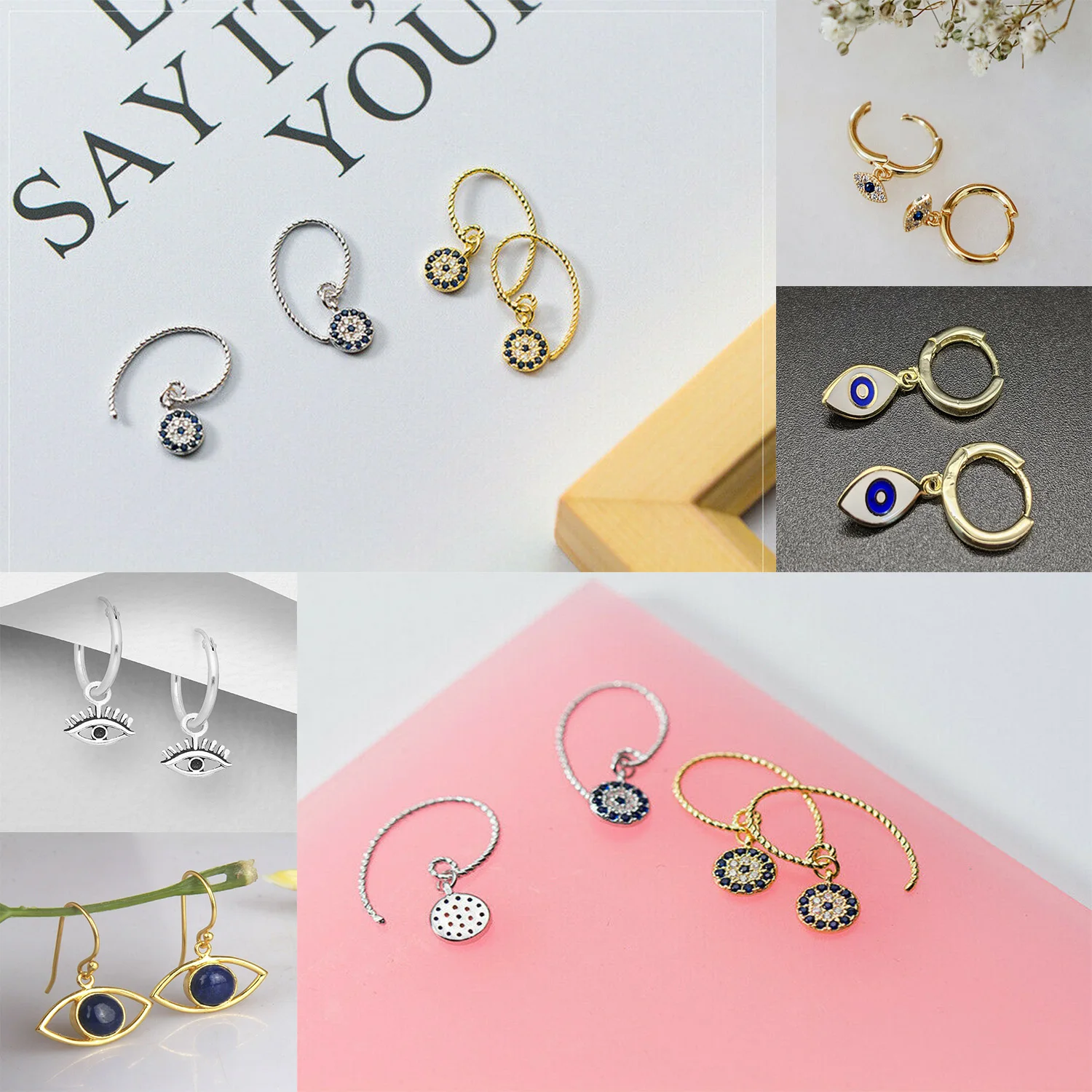 Wholesale Turkey Different Design Rattan Blue Oem Stud Baby Tiny Gold Plated Heart Hoop 925 Sterling Silver 14K Evil Eye Earring