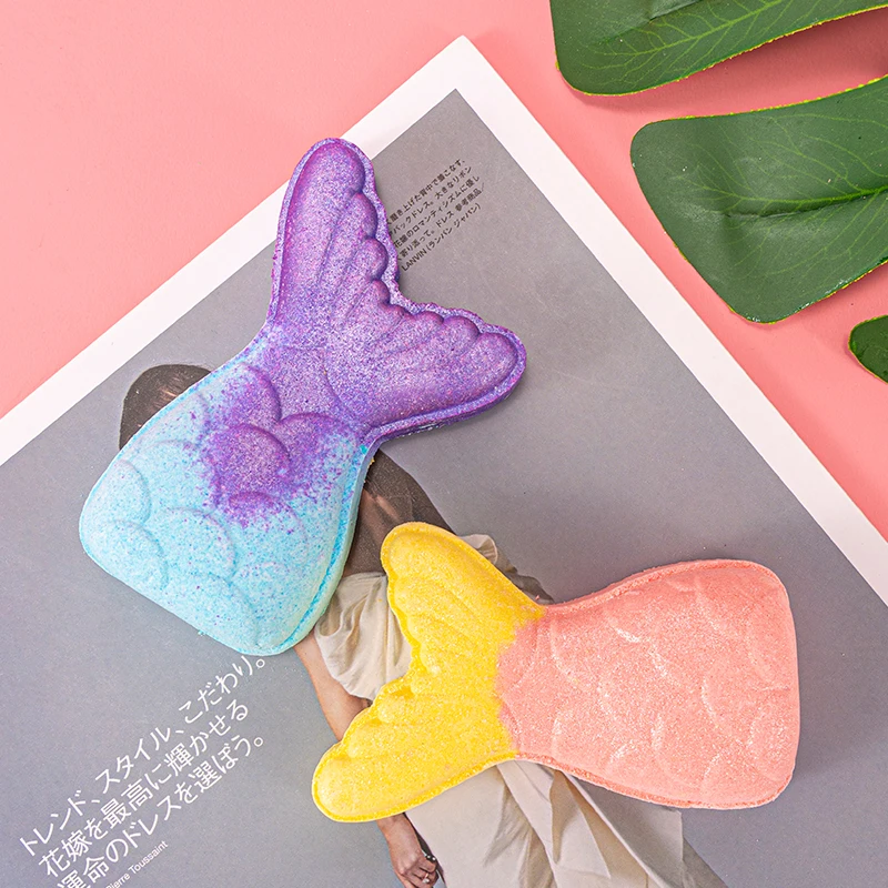 Private Label Natural Organic Essential Oil Bath Ball Spa Bubble Bath Bomb Balls 2 Glitter Fish Tail Mermaid Bath Bomb