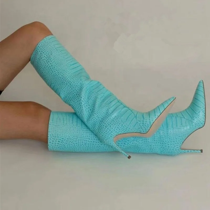 Pointy Toe Great Quality Leather Boots Fresh Green Slip-on Crocodile Print Knee High Boots for Women High Heel Size 43
